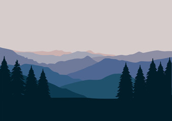 Landscape with mountains and pine forests. Vector illustration in flat style.