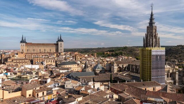 Timelapse of Toledo skyline, Alcazar and Cathedral in Toledo Imperial City, Spain