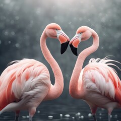 Naklejka premium Two flamingos in a courtship dance, animal love, flamingos love, flamingo dance, 