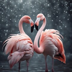 Naklejka premium Two flamingos in a courtship dance, animal love, flamingos love, flamingo dance, 
