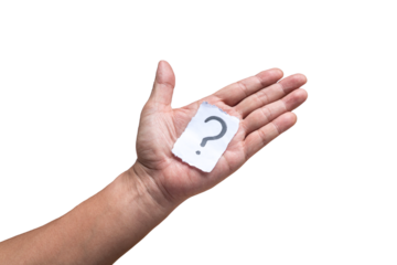 Palm of hand showing a paper with a question mark symbol. Isolated, on transparent background.