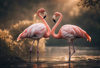 Two flamingos in a courtship dance, animal love, flamingos love, flamingo dance, 