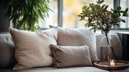 pillow sofa in living area closeup home interior design creative concept warm and cosy decorate contemporary house interior background beige sofa fabric furnish beautiful hose background