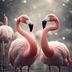 Naklejka premium Two flamingos in a courtship dance, animal love, flamingos love, flamingo dance, 