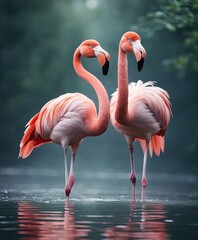 Two flamingos in a courtship dance, animal love, flamingos love, flamingo dance, 