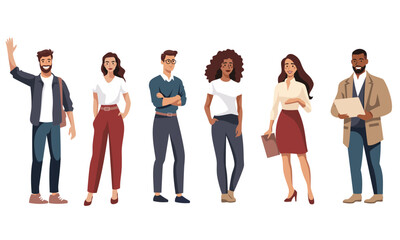 Fototapeta na wymiar A vector set of young people. Men and a woman of different nationalities are standing and smiling, waving their hands . Vector illustration