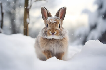 Obraz premium Brown bunny sitting in snow during winter