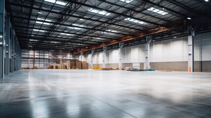 A Empty warehouse with concrete floor inside industrial building Use it as a large factory, warehouse, hangar or factory. Modern interior with steel structure with space for an industrial background.