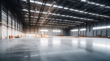 Fototapeta premium A Empty warehouse with concrete floor inside industrial building Use it as a large factory, warehouse, hangar or factory. Modern interior with steel structure with space for an industrial background.