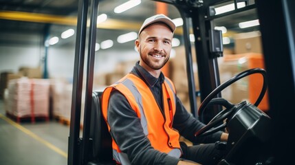 Fototapeta na wymiar A Portrait of a professional industrial worker driving a forklift, a team of quality control staff storing goods, shelving, Warehouse Workshop for factory workers, quality control engineers.
