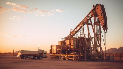 A Oil drilling machine in the desert, Industry, energy industry, gas station at sunset.