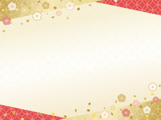 和風の背景素材、金と赤の華やかな紙吹雪の枠、年末年始やお正月のバナーに
