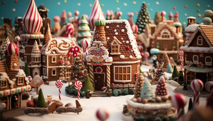 christmas village with gingerbread houses and trees