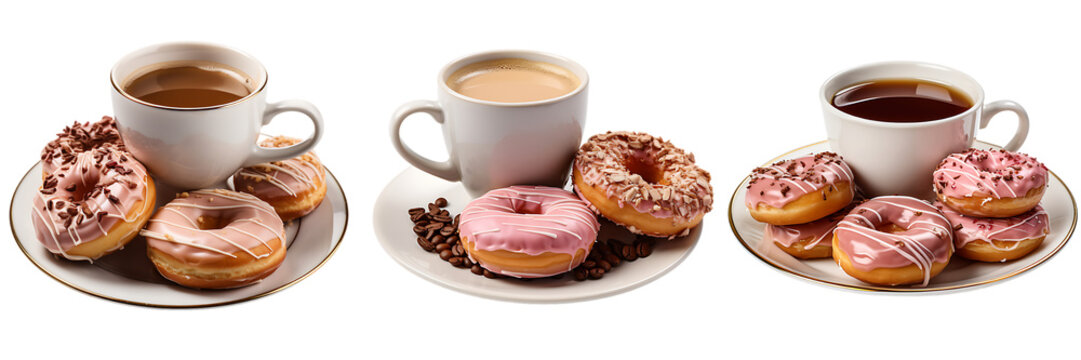 cup of coffee and donuts, isolated in white background, Transparent png, Food Photography