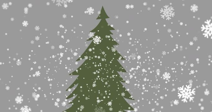 Animation of snow falling over christmas tree on grey background