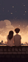 An innocent young couple sitting together on top of a roof 