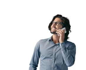 Happy, thinking and man with a smartphone, phone call and communication isolated on transparent background. Person, model and guy with a cellphone, contact and connection with discussion, png or talk