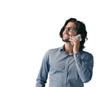 Happy, thinking and man with a smartphone, phone call and communication isolated on transparent background. Person, model and guy with a cellphone, contact and connection with discussion, png or talk