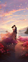 A sweet couple embrace and hug each other at seaside
