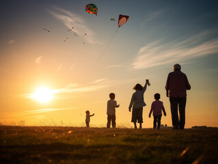 Senior citizens and their grandchildren fly a kite at sunset.