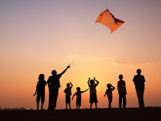 Fototapeta na wymiar Senior citizens and their grandchildren fly a kite at sunset.