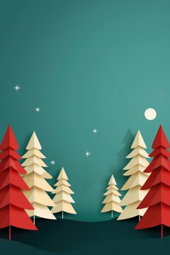 Christmas tree papercraft illustration. Merry Christmas banner background. Generative ai