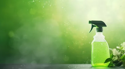 Fotobehang Eco friendly cleaning tools microfiber cloths spray bottle with water Green background web banner with space for text © LaxmiOwl