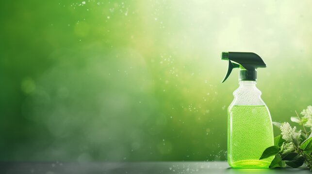 Eco friendly cleaning tools microfiber cloths spray bottle with water Green background web banner with space for text