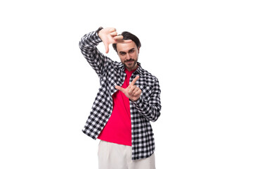 young brunet caucasian man with cool hairstyle and beard gesturing