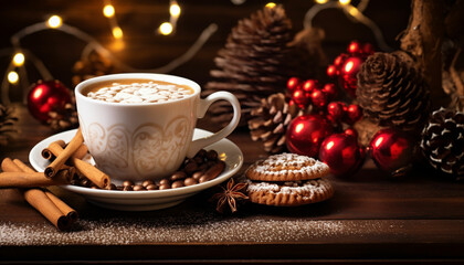 christmas cup of coffee with cinnamon and star anise on wooden table with christmas lights