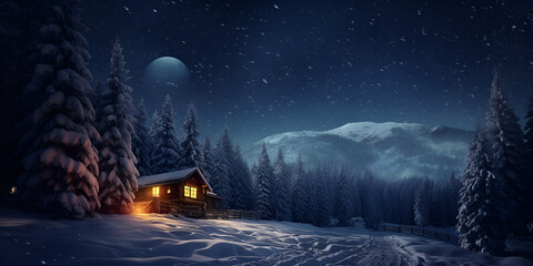 landscape with moon and stars, snowy cabin in the mountains with a full moon in the sky, Photo beautiful winter house and christmas tree on the mountain - obrazy, fototapety, plakaty