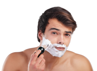 Shaving, foam and portrait of man for skincare, wellness and health on png and transparent background. Beauty, beard and isolated person with face cream for grooming, hygiene and facial hair removal