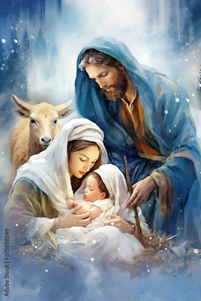 Wall mural create a nativity jesus holding a baby in his arms