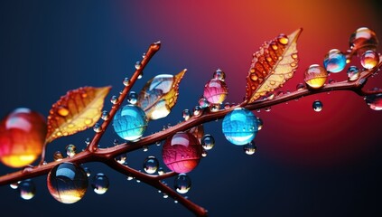 colorful raindrops on a leaf, in the style of colorful realism, dark cyan and light amber. 