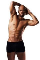 Obraz premium Strong, muscle and portrait of man in underwear on isolated, png and transparent background. Fitness, wellness and muscular body of person pose for strength, bodybuilder training and confidence