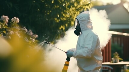 Gardener carefully sprays strong pesticide to manage annoying insect population in grassy garden. Man in special protective clothes cautiously applies pesticide to control insect population in garden - obrazy, fototapety, plakaty
