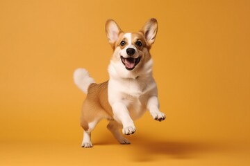 full body shot of smiling one puppy Pembroke Welsh Corgi dog jumping isolated on beige color background