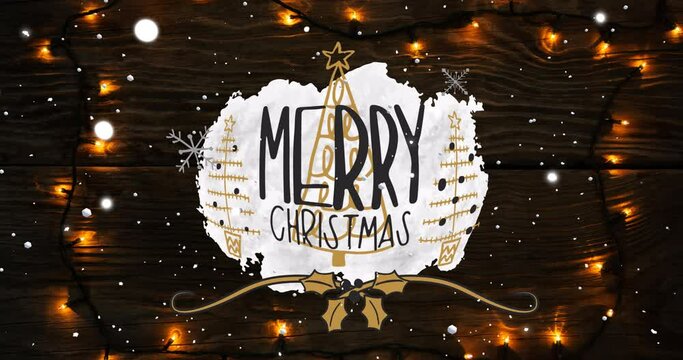 Animation of merry christmas text over snow and fairy lights on wooden background