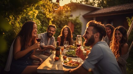 Happy friends having fun outdoor. Group of friends having backyard dinner party together. Young people sitting at bar table toasting wine glasses in vineyards garden