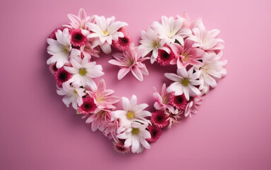 A heart-shaped arrangement of white and pink daisies on a soft purple background, expressing love and affection, perfect for festive decorations, greeting cards, and special occasion themes.