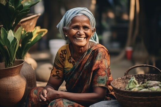 Portrait Of Smiling Old Woman Sitting On The Ground And Looking At Camera