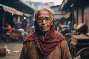 Old woman in the street of Kathmandu, Nepal. Vintage style.