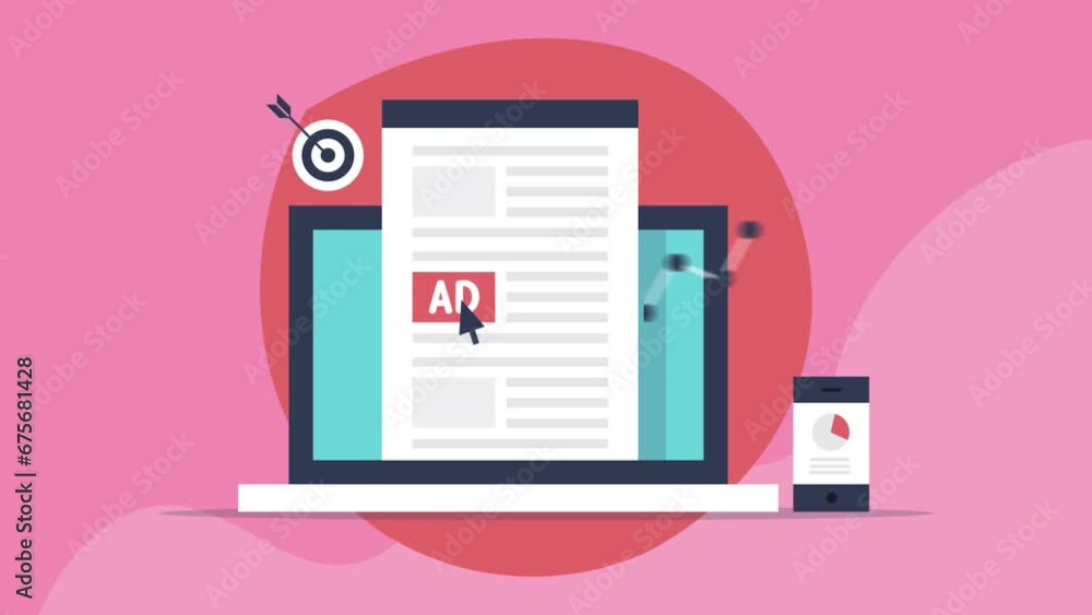 Poster online advertising, digital ad network data chart on smartphone, display ads on laptop screen, re-ta