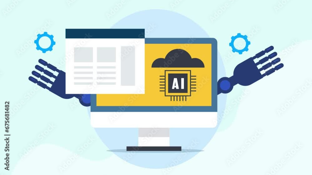 Poster business intelligence marketing automation, ai robot hand managing digital data and workflow, busine