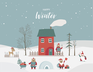 Merry Christmas and New Year posters  with cute animal and House Covered Snow,Greeting cards,cute design,templates, invitation,background.Vector illustration. - 675682404