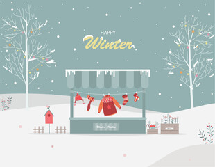 Merry Christmas and New Year posters  with winter clothes hanging in the shop,Greeting cards,cute design,templates, invitation,background.Vector illustration. - 675682406