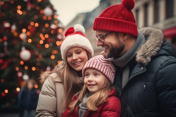 Fototapeta premium Happy family celebrating christmas together in the city. Xmas Happy new year blurred bokeh background.