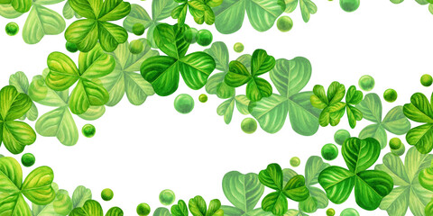 Fototapeta na wymiar Watercolor green shamrock seamless banner for background design illustrations of spring, St Patrick, green grass, summer greenery
