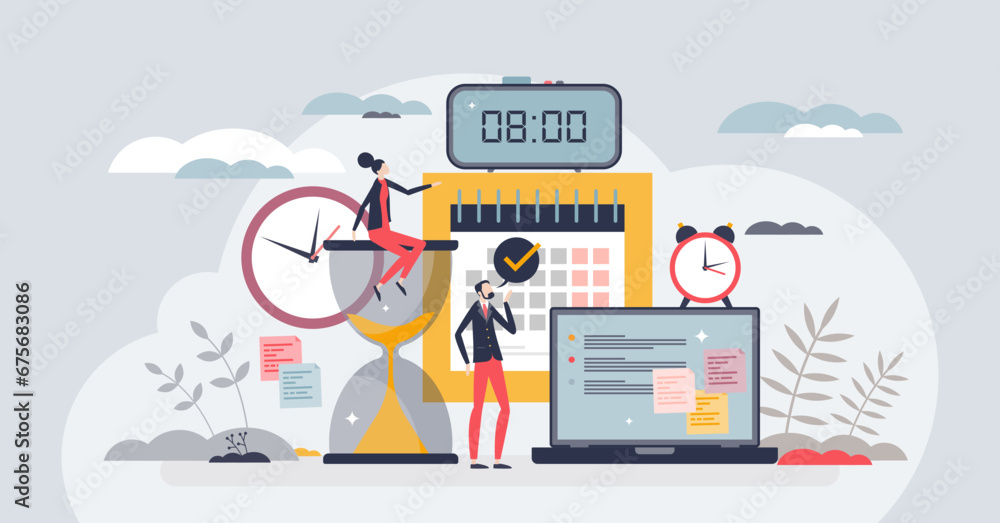 Poster time management for effective and productive work plan tiny person concept. project organization and