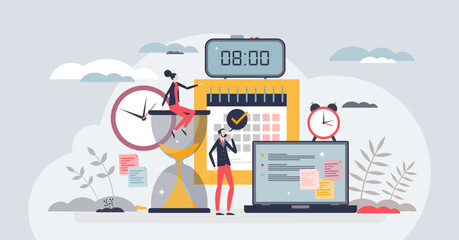 Time management for effective and productive work plan tiny person concept. Project organization and business efficiency vector illustration. Daily schedule and agenda for workspace task activities.
